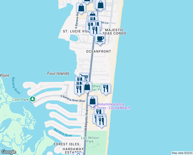 map of restaurants, bars, coffee shops, grocery stores, and more near 3010 Fisher Park Drive in Cocoa Beach