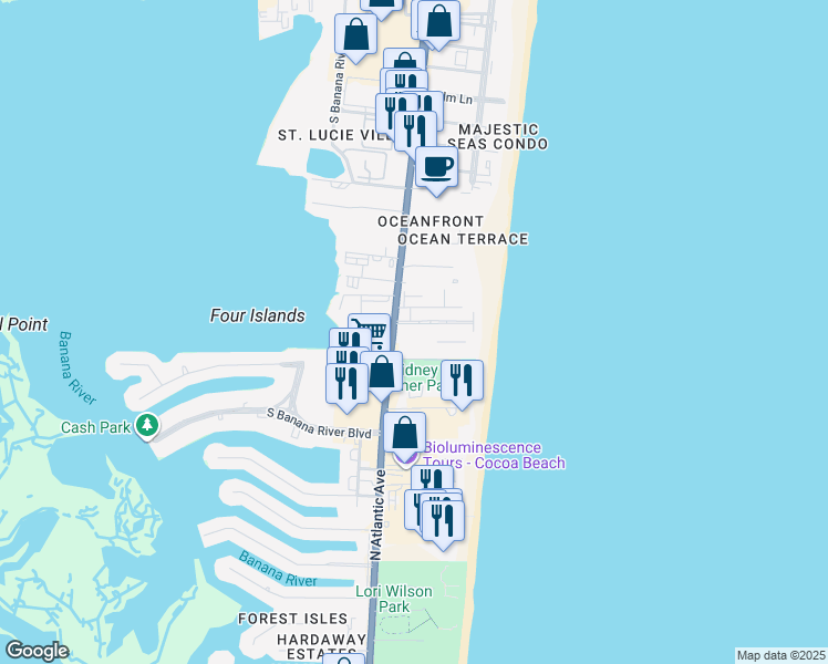 map of restaurants, bars, coffee shops, grocery stores, and more near 3010 Fisher Park Drive in Cocoa Beach