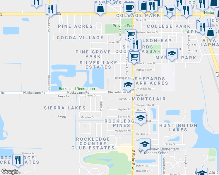 map of restaurants, bars, coffee shops, grocery stores, and more near 930 Georgia Avenue in Rockledge