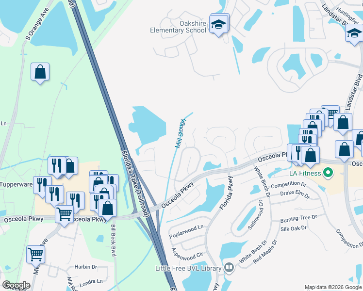 map of restaurants, bars, coffee shops, grocery stores, and more near 134 Coralwood Circle in Kissimmee