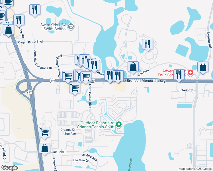 map of restaurants, bars, coffee shops, grocery stores, and more near 9400 U.S. 192 in Clermont
