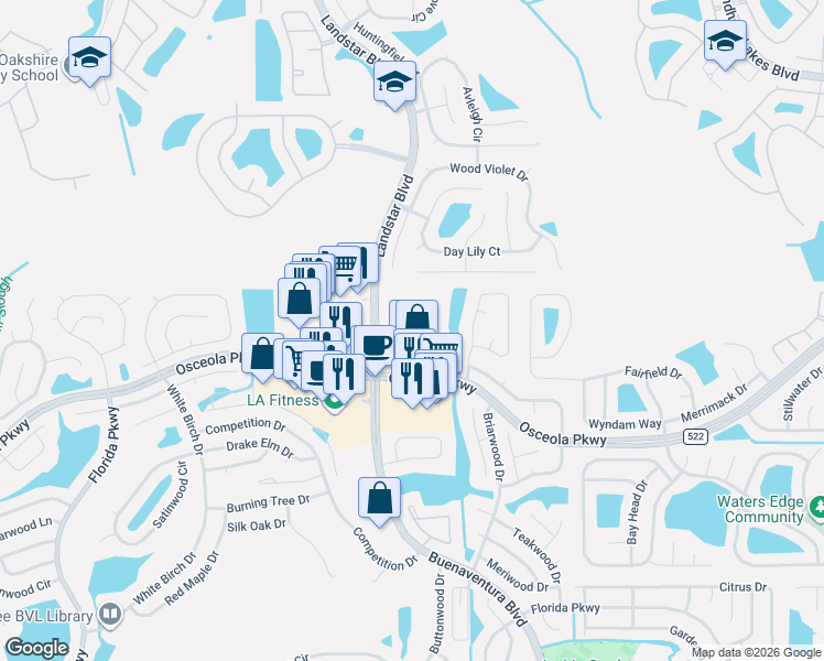 map of restaurants, bars, coffee shops, grocery stores, and more near 2001 Gold Spring Cove in Kissimmee