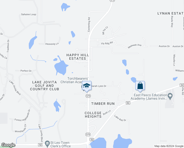 map of restaurants, bars, coffee shops, grocery stores, and more near 12934 Happy Hill Road in Dade City