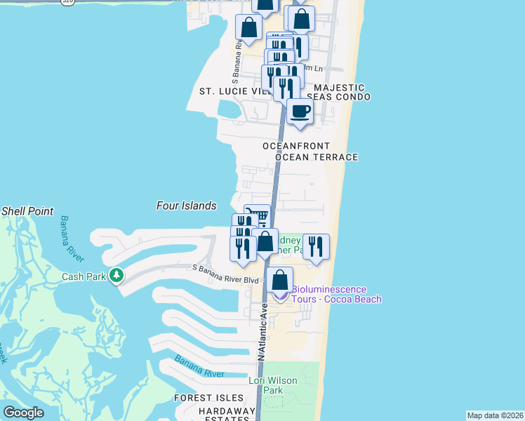 map of restaurants, bars, coffee shops, grocery stores, and more near 3165 North Atlantic Avenue in Cocoa Beach
