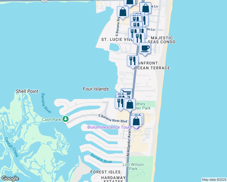 map of restaurants, bars, coffee shops, grocery stores, and more near 3165 North Atlantic Avenue in Cocoa Beach