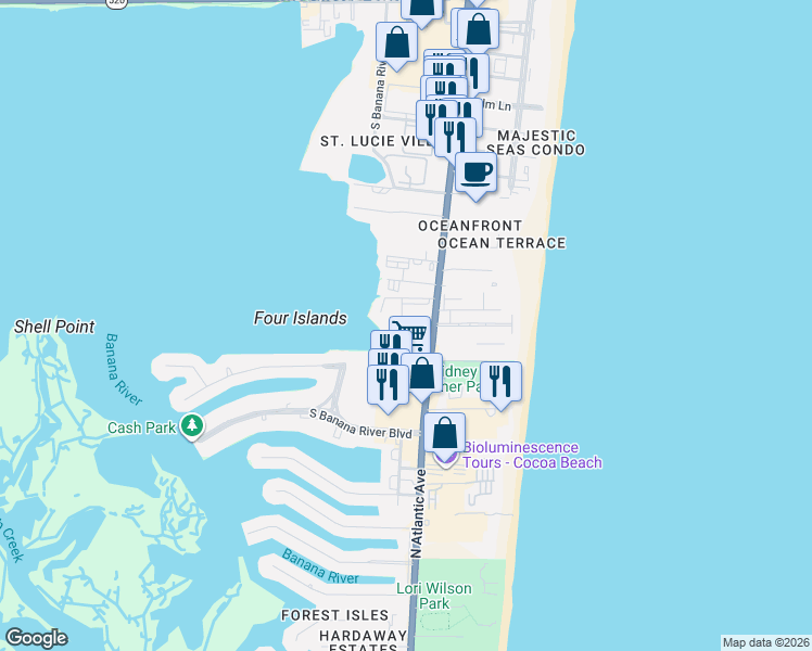 map of restaurants, bars, coffee shops, grocery stores, and more near 3165 North Atlantic Avenue in Cocoa Beach