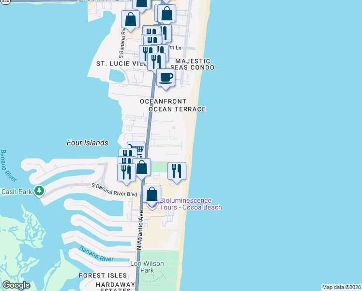 map of restaurants, bars, coffee shops, grocery stores, and more near 3150 North Atlantic Avenue in Cocoa Beach