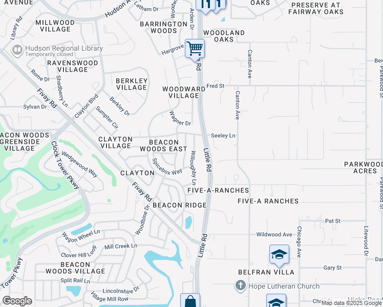map of restaurants, bars, coffee shops, grocery stores, and more near 13007 Willoughby Lane in Hudson