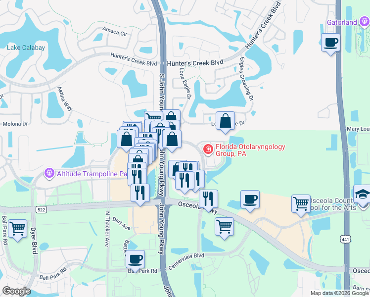 map of restaurants, bars, coffee shops, grocery stores, and more near 3274 Greenwald Way North in Kissimmee