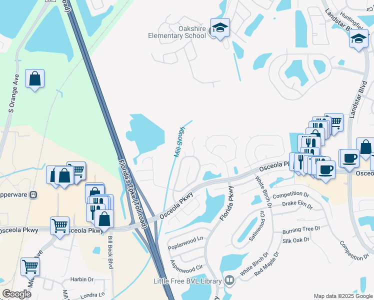 map of restaurants, bars, coffee shops, grocery stores, and more near 208 Olivewood Court in Kissimmee