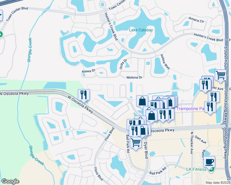 map of restaurants, bars, coffee shops, grocery stores, and more near 3205 Falcon Point Drive in Kissimmee