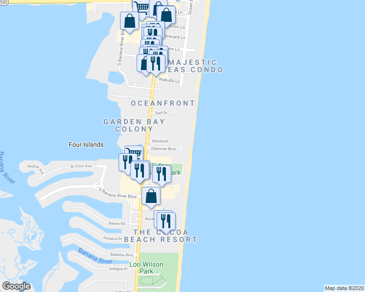 map of restaurants, bars, coffee shops, grocery stores, and more near 5 Diplomat Boulevard in Cocoa Beach