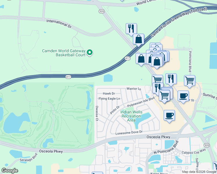 map of restaurants, bars, coffee shops, grocery stores, and more near 5305 Warrior Lane in Kissimmee