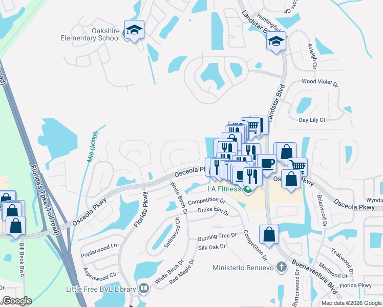 map of restaurants, bars, coffee shops, grocery stores, and more near 336 Oceanside Court in Kissimmee