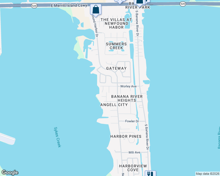 map of restaurants, bars, coffee shops, grocery stores, and more near 595 Gateway Drive in Merritt Island