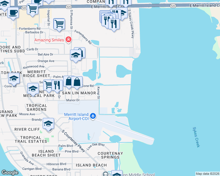 map of restaurants, bars, coffee shops, grocery stores, and more near 705 Cone Road in Merritt Island