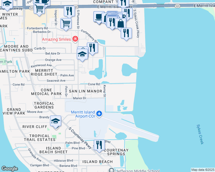 map of restaurants, bars, coffee shops, grocery stores, and more near 615 Cone Road in Merritt Island