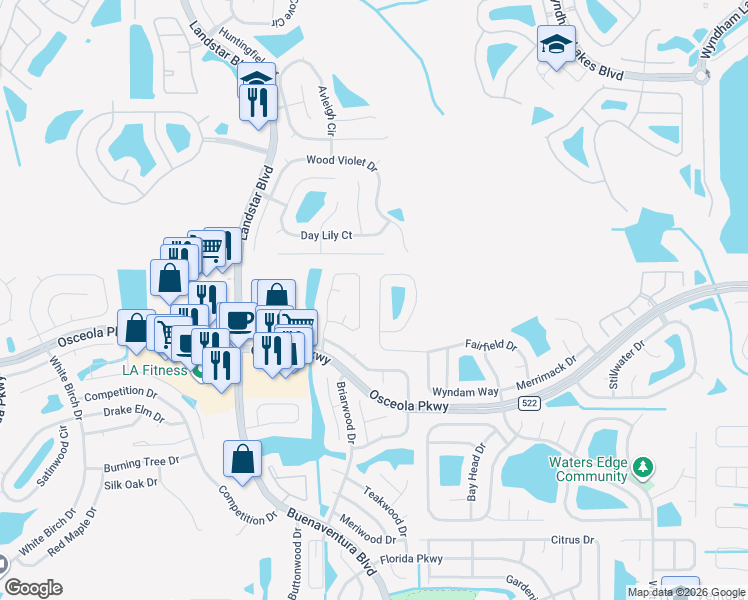 map of restaurants, bars, coffee shops, grocery stores, and more near 3212 Fairfield Drive in Kissimmee