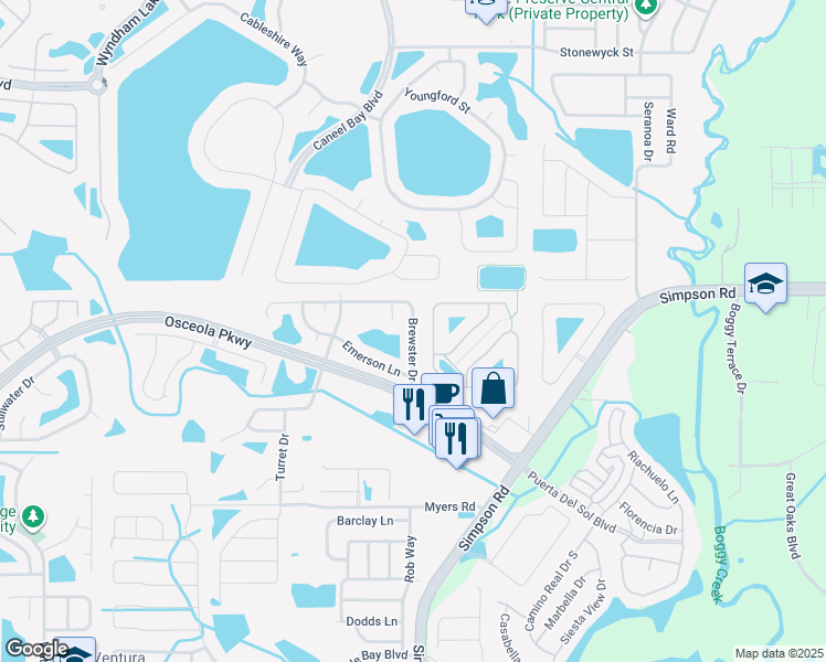 map of restaurants, bars, coffee shops, grocery stores, and more near 3234 Brewster Drive in Kissimmee