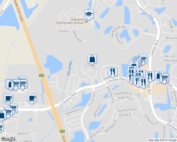 map of restaurants, bars, coffee shops, grocery stores, and more near 209 Pelican Court in Kissimmee