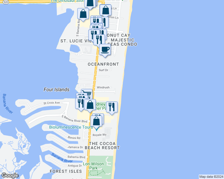 map of restaurants, bars, coffee shops, grocery stores, and more near in Cocoa Beach