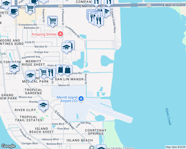 map of restaurants, bars, coffee shops, grocery stores, and more near 705 Cone Road in Merritt Island
