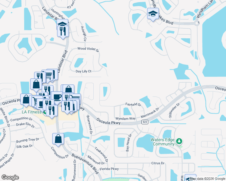 map of restaurants, bars, coffee shops, grocery stores, and more near 3255 Fairfield Drive in Kissimmee