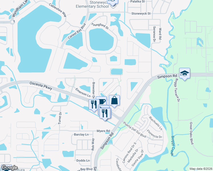 map of restaurants, bars, coffee shops, grocery stores, and more near 2819 Moultrie Creek Drive in Kissimmee