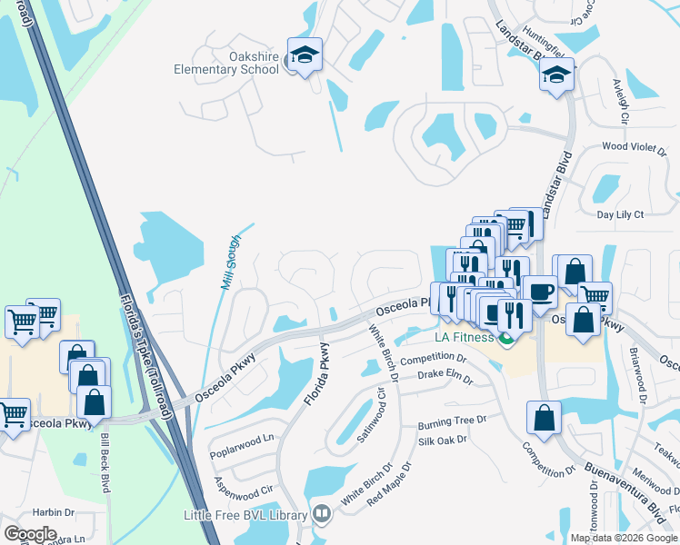 map of restaurants, bars, coffee shops, grocery stores, and more near 194 Coral Reef Circle in Kissimmee