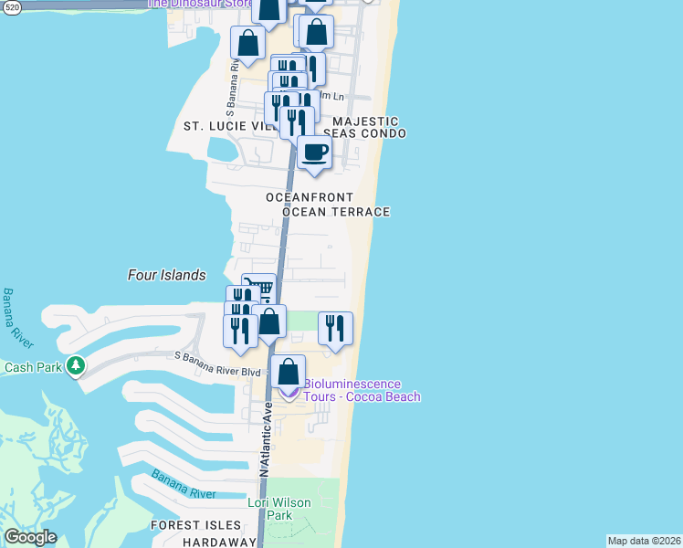 map of restaurants, bars, coffee shops, grocery stores, and more near in Cocoa Beach