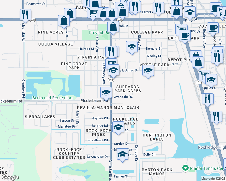 map of restaurants, bars, coffee shops, grocery stores, and more near 985 South Fiske Boulevard in Rockledge