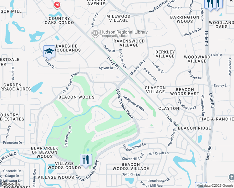 map of restaurants, bars, coffee shops, grocery stores, and more near 13021 Club Drive in Hudson