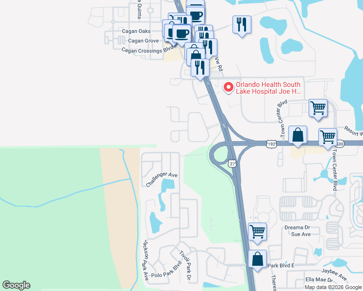map of restaurants, bars, coffee shops, grocery stores, and more near 16740 Lazy Breeze Loop in Clermont