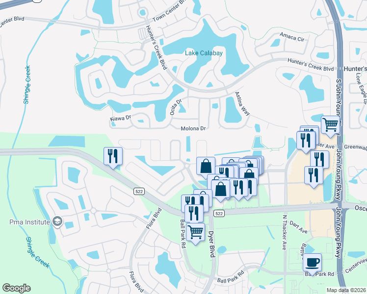 map of restaurants, bars, coffee shops, grocery stores, and more near 3209 Heron's Point Circle in Kissimmee