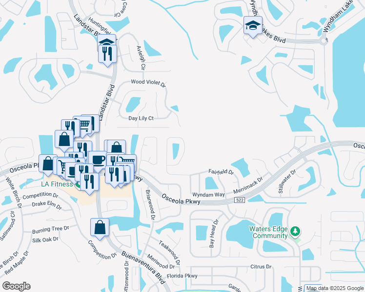 map of restaurants, bars, coffee shops, grocery stores, and more near 3255 Fairfield Drive in Kissimmee