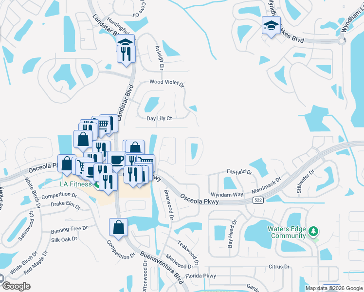 map of restaurants, bars, coffee shops, grocery stores, and more near 3212 Fairfield Drive in Kissimmee