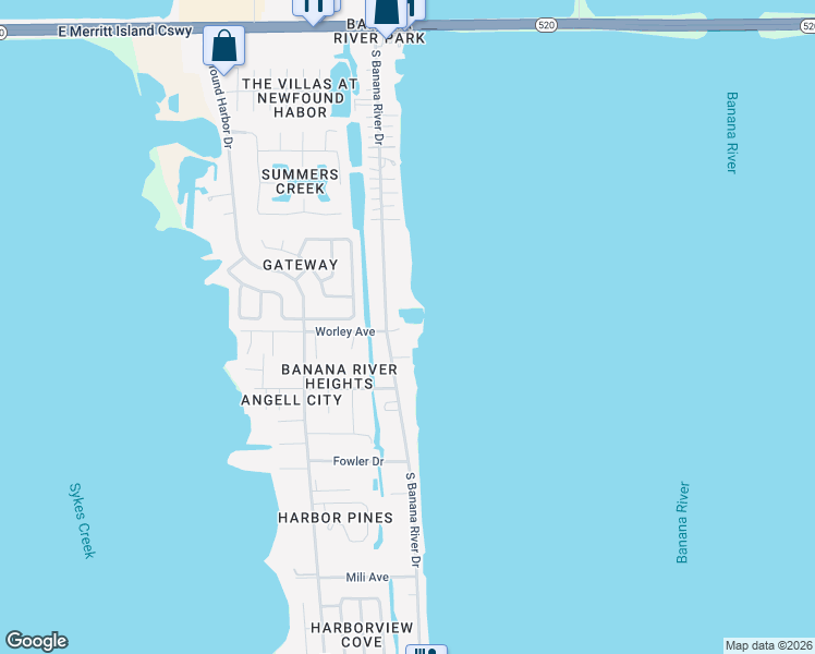 map of restaurants, bars, coffee shops, grocery stores, and more near 590 South Banana River Drive in Merritt Island