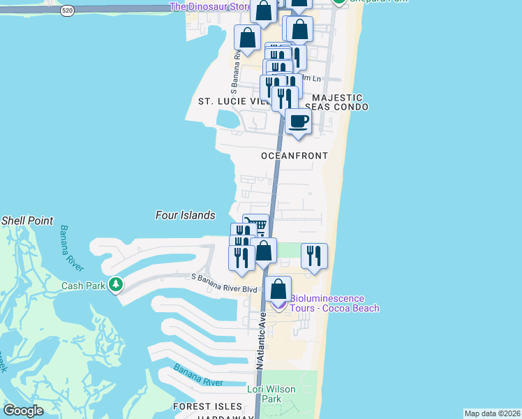 map of restaurants, bars, coffee shops, grocery stores, and more near 3165 North Atlantic Avenue in Cocoa Beach
