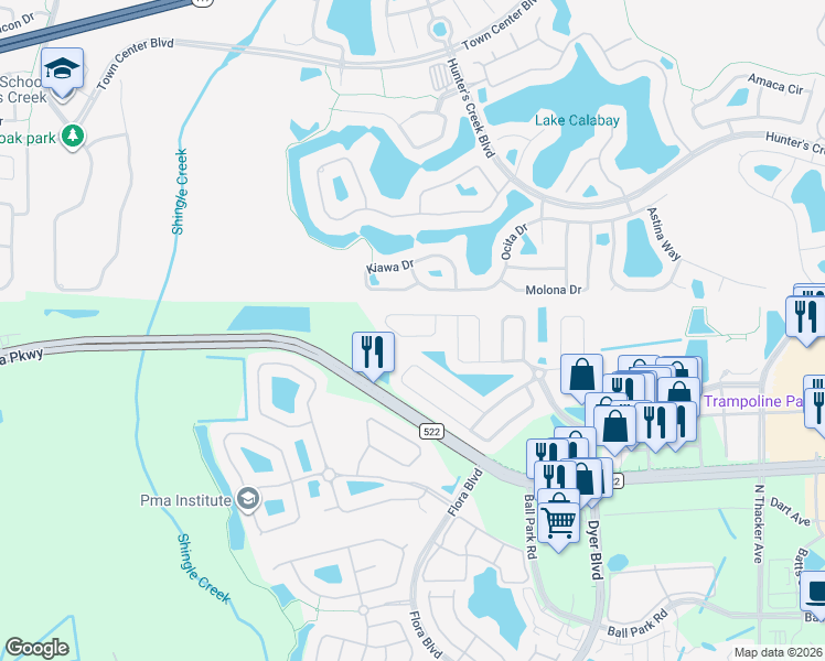 map of restaurants, bars, coffee shops, grocery stores, and more near 3282 Falcon Point Drive in Kissimmee