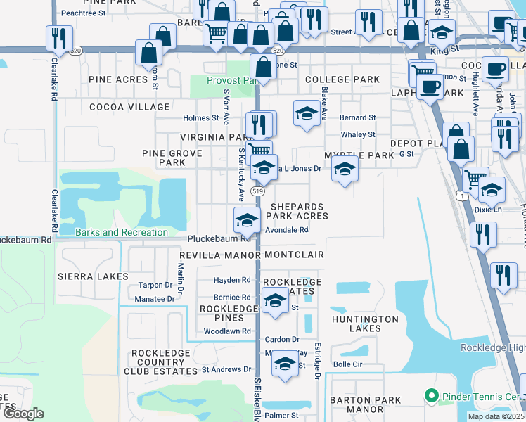 map of restaurants, bars, coffee shops, grocery stores, and more near 985 South Fiske Boulevard in Rockledge