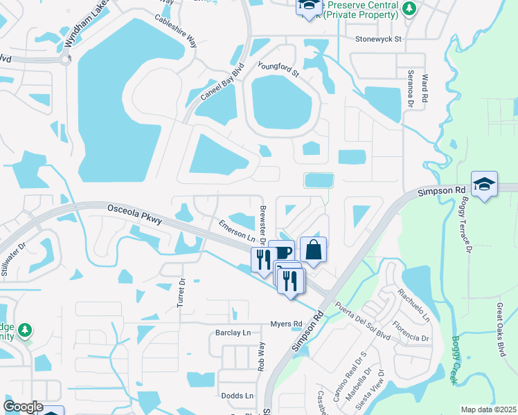 map of restaurants, bars, coffee shops, grocery stores, and more near 3200 Townsend Court in Kissimmee