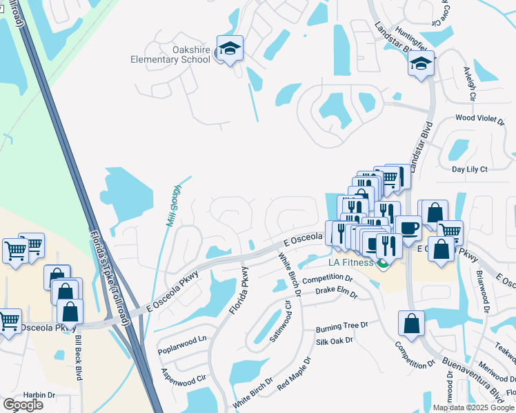 map of restaurants, bars, coffee shops, grocery stores, and more near 194 Coral Reef Circle in Kissimmee