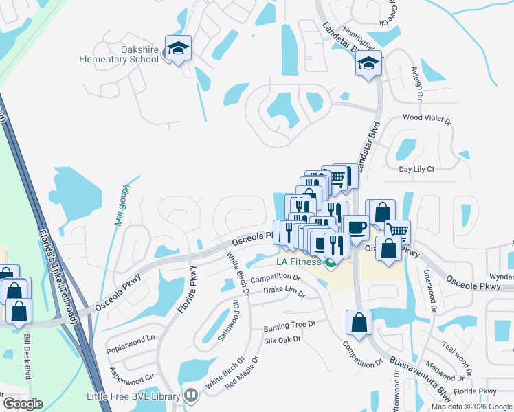map of restaurants, bars, coffee shops, grocery stores, and more near 336 Oceanside Court in Kissimmee