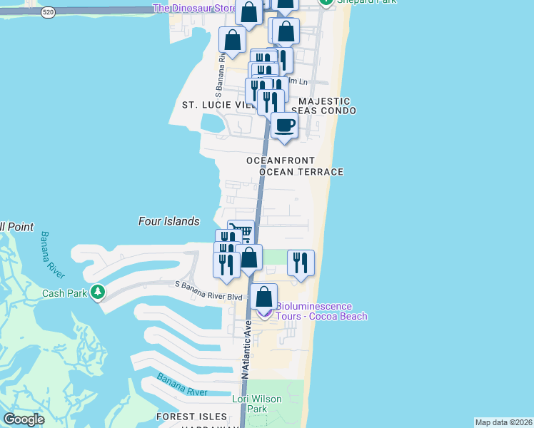 map of restaurants, bars, coffee shops, grocery stores, and more near 3160 North Atlantic Avenue in Cocoa Beach