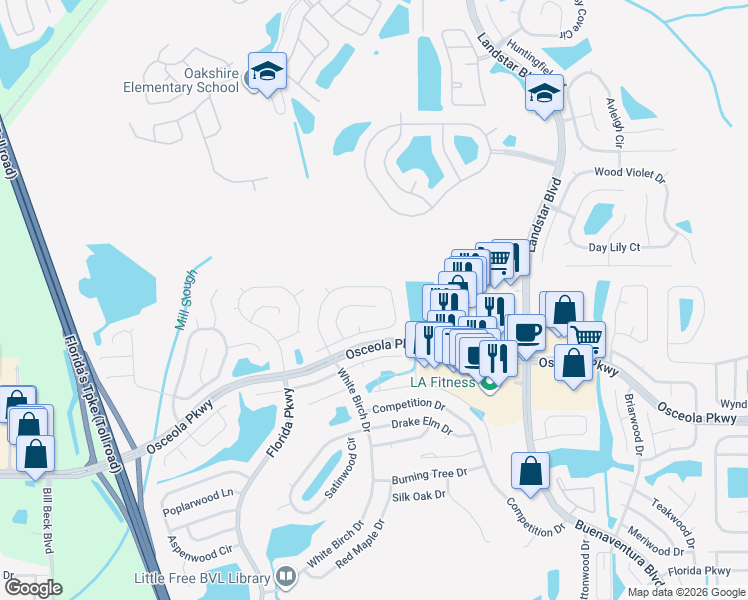 map of restaurants, bars, coffee shops, grocery stores, and more near 336 Oceanside Court in Kissimmee