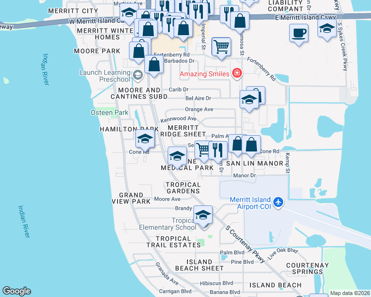 map of restaurants, bars, coffee shops, grocery stores, and more near 493 Seacrest Avenue in Merritt Island
