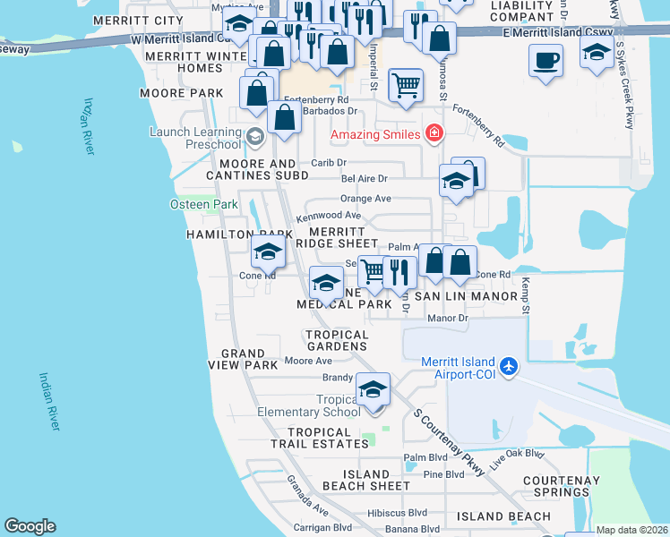 map of restaurants, bars, coffee shops, grocery stores, and more near 493 Seacrest Avenue in Merritt Island