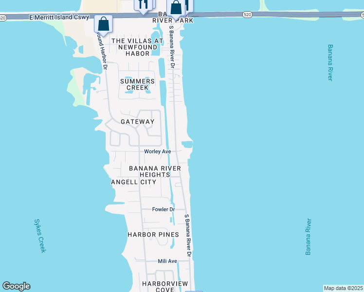 map of restaurants, bars, coffee shops, grocery stores, and more near 550 North Banana River Drive in Merritt Island