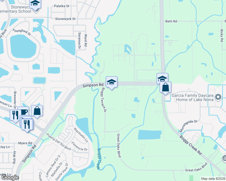 map of restaurants, bars, coffee shops, grocery stores, and more near 3120 Boggy Creek Road in Kissimmee