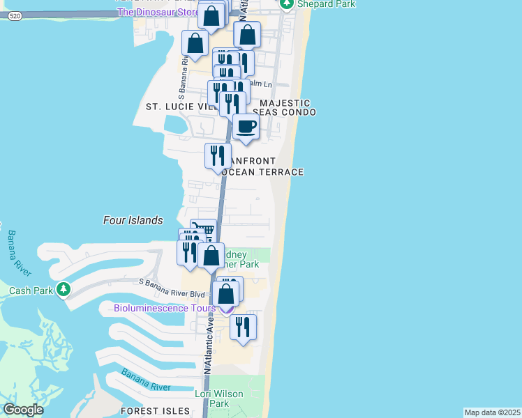map of restaurants, bars, coffee shops, grocery stores, and more near in Cocoa Beach
